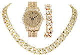 Blinged Out Cuban Necklace W/ Matching Bracelet and Fire Iced Out Timepiece - Boujee 3Pc Set - 2023 CNBW (ST10226 Gld/Gld)